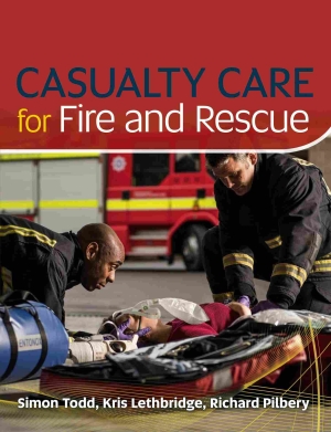 Red book cover for 'Casualty Care for Fire and Rescue' with photo of firefighters