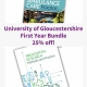 Shows books included in the 'University of Gloucestershire First Year Student Bundle, 25% off'