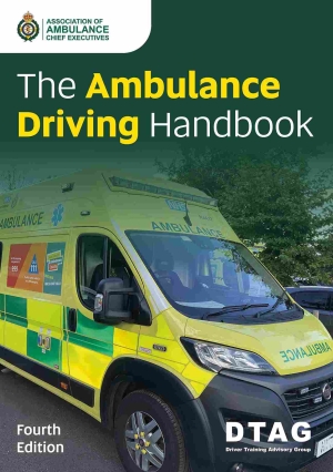 Dark green cover of 'The Ambulance Driving Handbook' with a photo of an ambulance